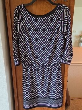 White House Black Market Black, Purple and White Geometric Long Sleeve Dress